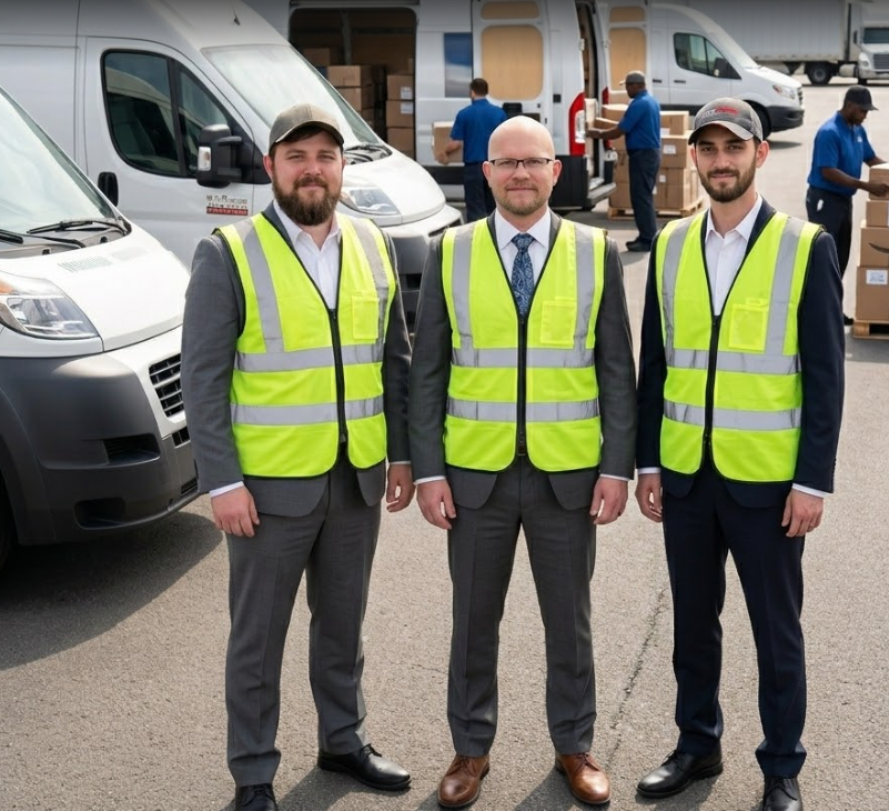 Fleet Command Center team standing in a fleet yard with delivery vans